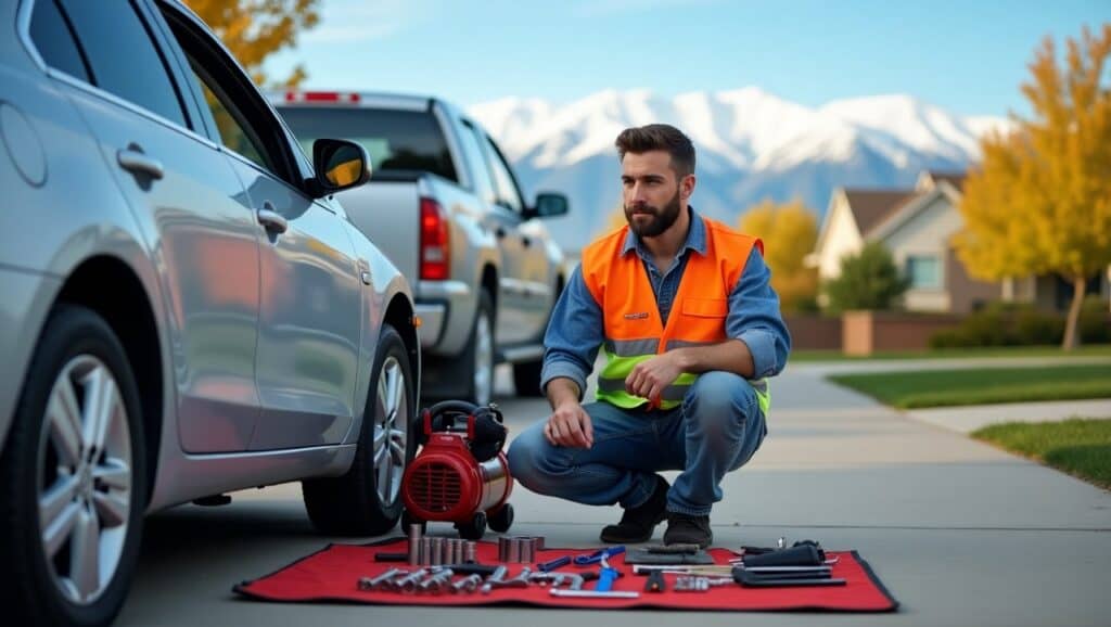 A certified mobile mechanic in Denver working on a car in a residential driveway, with the Rocky Mountains in the background and tools laid out neatly on the ground.
